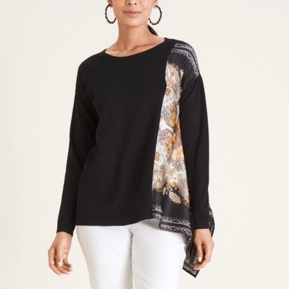 CHICO'S | Artsy Black Gold Patterned Scarf Accent Asymmetric Hem Blouse | L